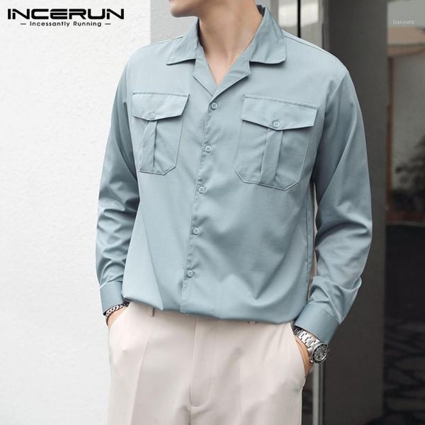 

long sleeve lapel blouse korean style multi pockets camisa incerun solid mens shirts fashion male comfy button shirts plus size1, White;black