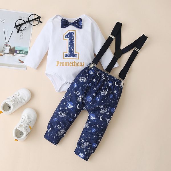 

wholesale 2021 spring new baby romper bow long sleeves white + cosmic printing overalls pants kids jumpsuit outfits e003