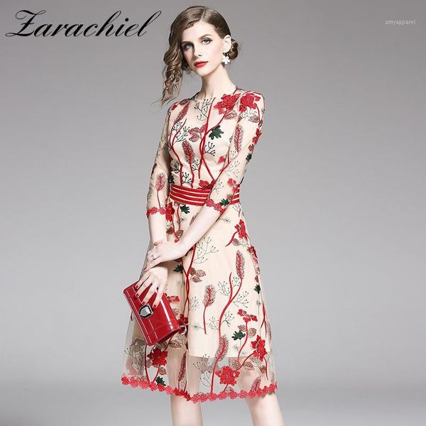 

casual dresses 3d red floral embroidery summer dress 2021 women beach midi mesh lace party vestido1, Black;gray