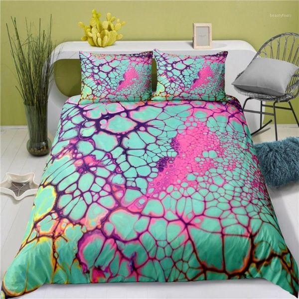 

abstract art duvet cover set pink green gold yellow bedding set cell world printed quilt cover 2/3 pcs dropship king1