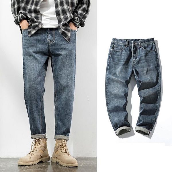 

jeans men's autumn winter korean style trend straight loose men's 2020 new casual full length mid heavyweight harem pants black, Blue