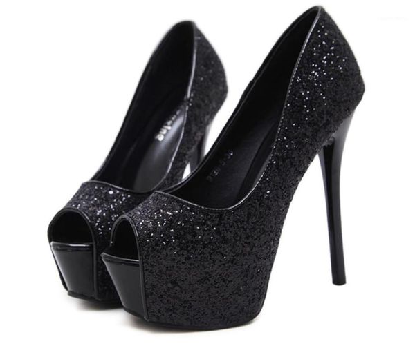 

2020 new fahsion nightclub high heels bling pumps high platform women summer pumps 14cm super thin heels women shoes1, Black