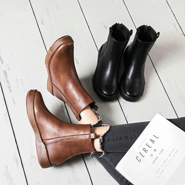 

boots 2021 botas women motorcycle mid-calf wedges female platforms autumn winter leather woman shoes1, Black