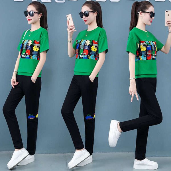 

korean fashion women's summer 2020 new printed sportswear slim and western casual two piece suit, Gray