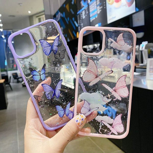 

fashion creative butterfly epoxy transparent phone case for iphone12 pro max glitter five-pointed star protective cover for iphone 11 xr