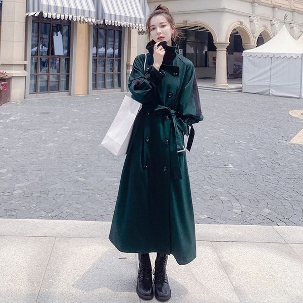 

2021 new trench female coat spring new autumn sewing contrast colour long double style breasted lace jacket 2n z9fz, Black;brown