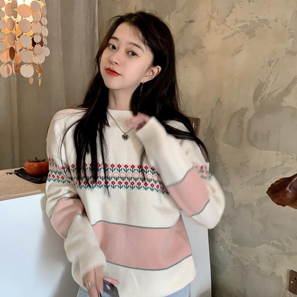 

women's sweaters autumn winter women patchwork lazy wind loose print floral long sleeve sweater korean kawaii o-neck sweet style pullov, White;black
