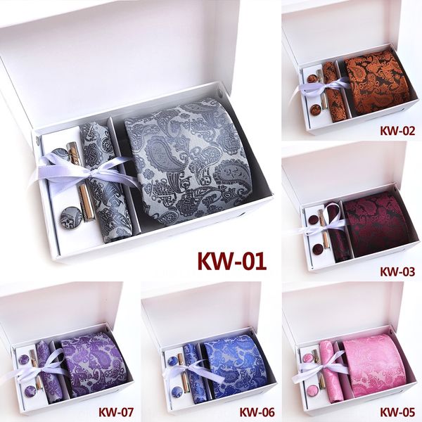 

k2lb 32 for handkerchief silk neck ties box men's set tie cufflinks floral plaid stripes 8cm necktie pocket square color wedding party, Black;blue