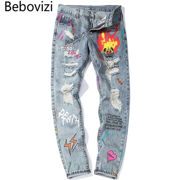 

bebovizi hip hop streetwear ripped slim fit jeans skinny jeans japan graffiti flame skeleton print men jogger denim pants c1123, Blue