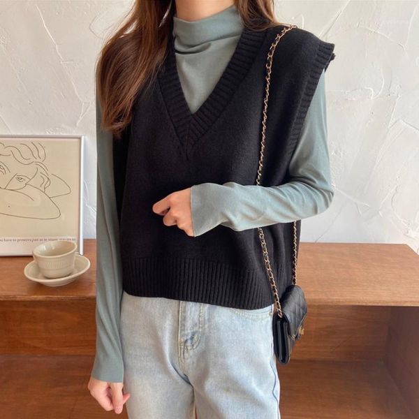 

autumn sleeveless sweater women sweet solid 6 color v neck knitted loose sleeveless slim vest jumpers pull female sweaters1, White;black