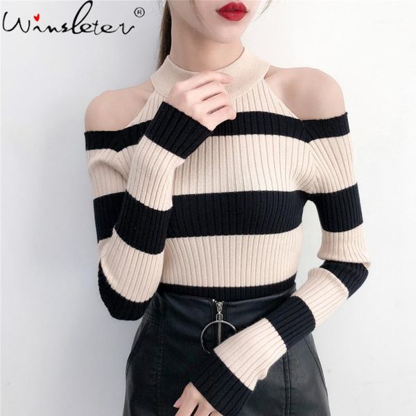 

fall winter knitted sweater european clothes women fashion striped off shoulder pullover ropa mujer 2020 new t09523l1, White;black