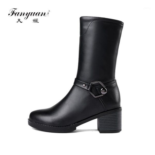 

fanyuan fashion metal button motorcycle boots solid hoof high heel mid-calf boots autumn winter women black brown shoes1