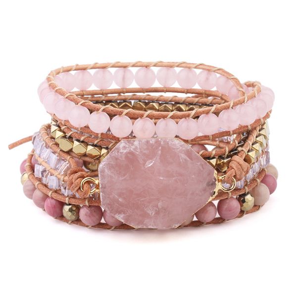 Bracciale in pietra naturale Braccialetti avvolgenti in pelle di quarzo rosa per donna Gemme rosa Perline di cristallo Gioielli Boemia F1211