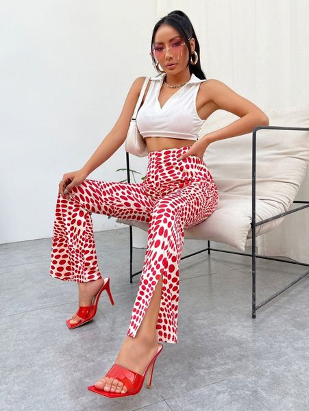 

high waist geo print split hem flare leg pants i8st#, Black;white