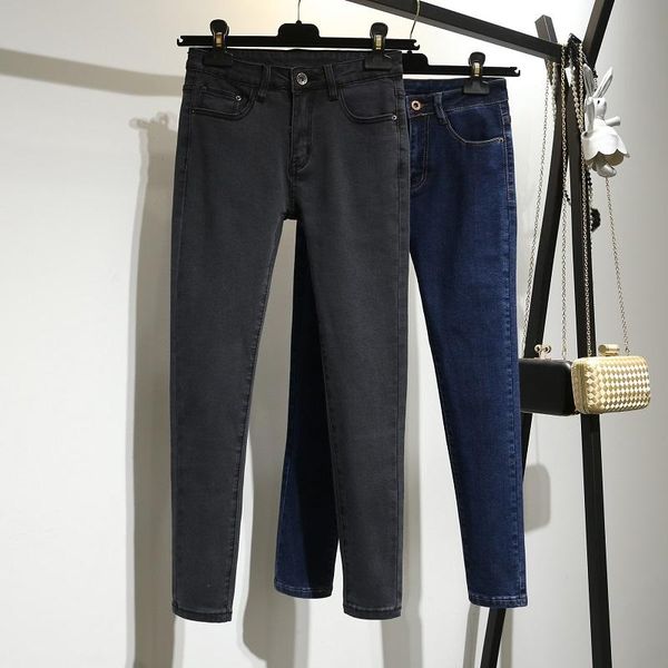 

осень корейский женские джинсы с высокой талией обрезанные брюки, Blue