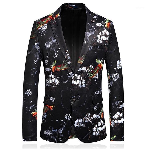

asian size fashion personality casual blazer men slim fit jacket floral pattern printed homens single-breasted mens blazer1, White;black