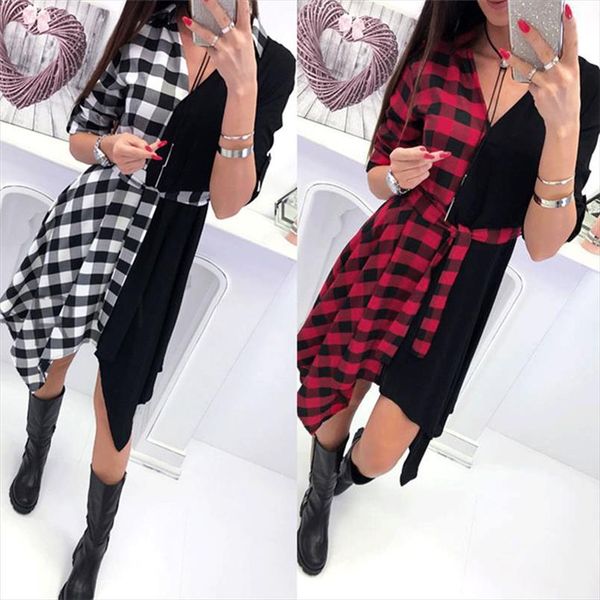 

women check shirt knee dress ladies long sleeve plaid romper dress v neck loose color matching irregular ladies dresses vestido, Black;gray