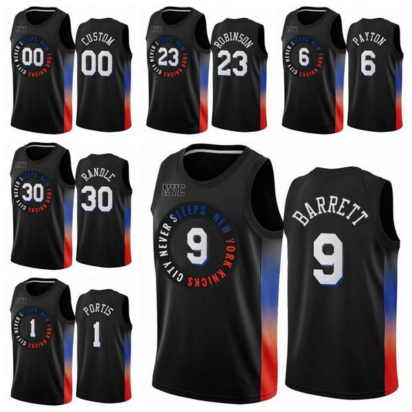 

new york knicks men kids 9 rj barrett 6 payton kevin knox ii youth 2020/21 swingman city basketball jersey black edition s-xxxl, Black;red