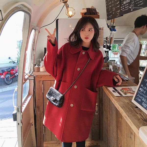

women 2020 autumn winter wool coats female single breasted woolen outwears ladies pocket turn down collar slim overcoats l511, Black