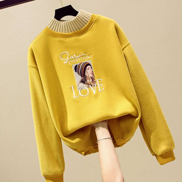 

2sf4bfake two pieces of sweater women plush thickening 2020 new autumn winter korean loose half high collar ins pullover fashion, Black