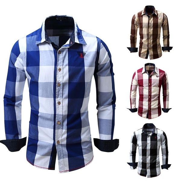 

zogaa cotton men's plaid shirts long sleeved button-down neck blouse soft clothes fashion men casual dress shirt c1210, White;black