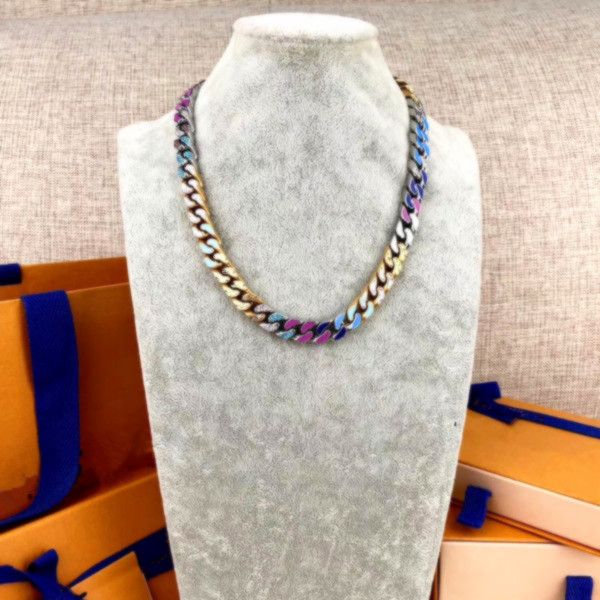 

hip hop jewelry men cuban diamond inlay 316l titanium steel bracelet engrave four leaf flower colored enamel chain links patches necklace, Silver