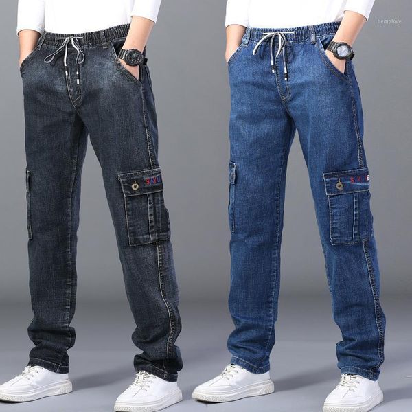 

plus size 44 46 48 super loose stretch men's jeans high-rise straight-leg super trousers elastic waist casual fat jeans1, Blue