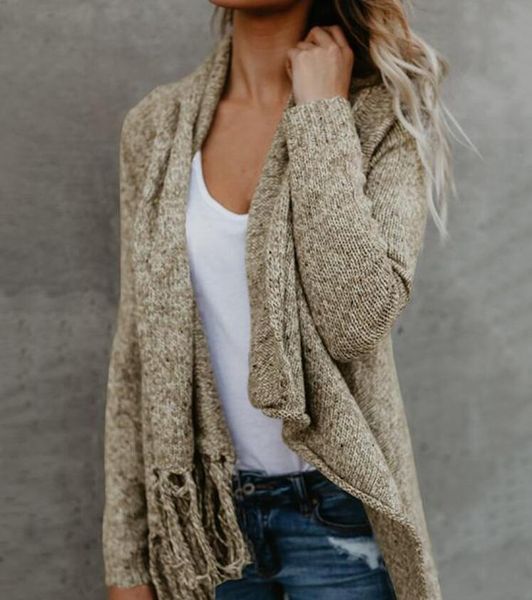 

2019 european and american womens clothing autumn and winter new mid-length slim tassel coat sweater womens sweater, White
