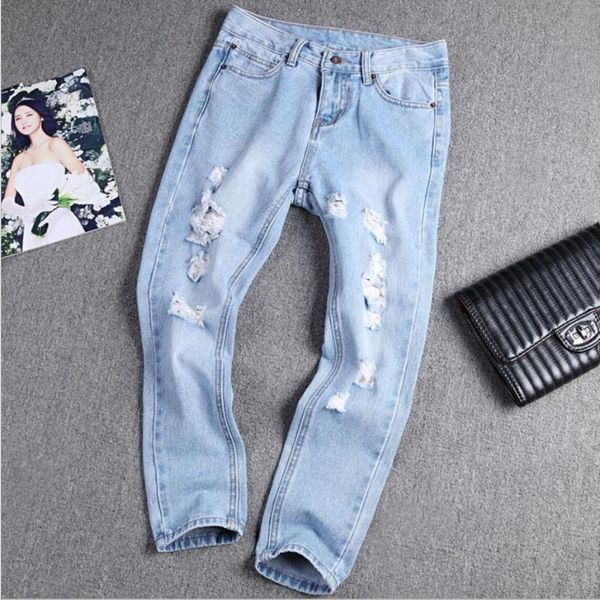 

2021 spring women loose straight denim pants bf style ankle-length casual holes jeans plus size 26-33, Blue
