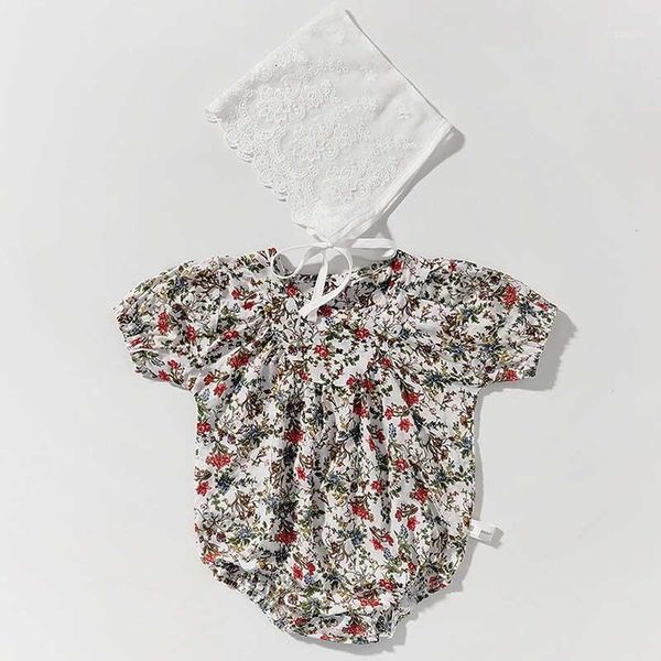

rompers baby girls clothes bodysuits summer floral flying sleeve jumpsuit+hat 2pcs outfits sunsuit toddler clothing1, Blue