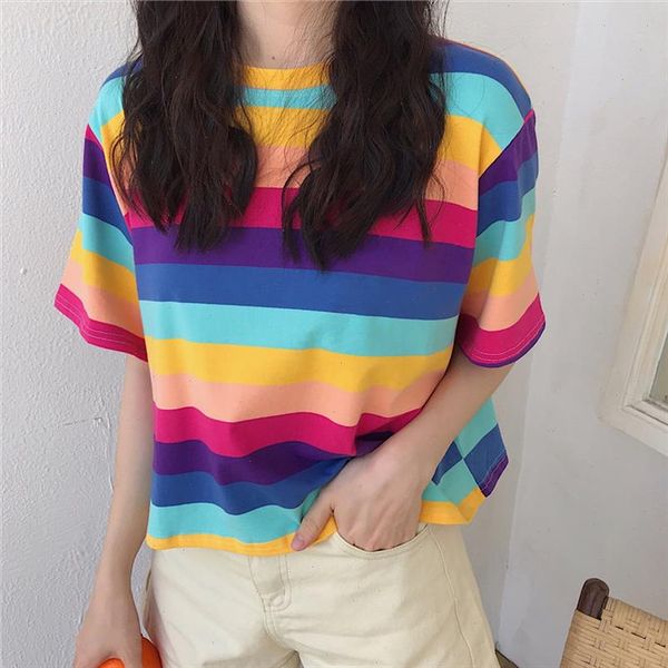 

rainbow stripes harajuku short sleeved tide t shirt female ins tide 2021 super fire cec short paragraph loose umbilical shirt, White
