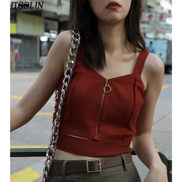 

itoolin women crop club zipper cotton camisole ladies sleeveless solid simple straps women black knitted tank 1, White