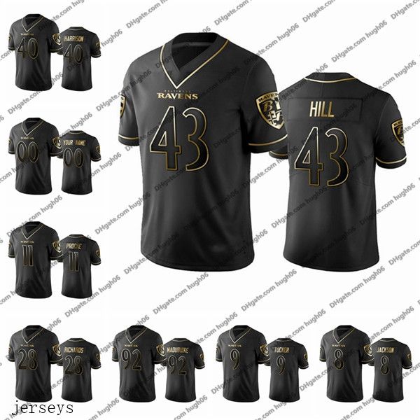 

black golden edition nfl baltimore ravens custom 11 proche 28 richards 43 hill 92 madubuike 9 tuchker 8 jackson harrison jerseys, Black;red