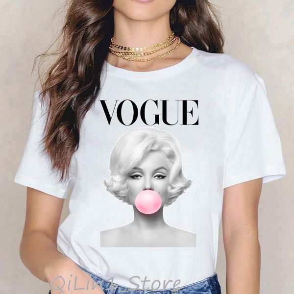 

2020 vogue marilyn monroe bubble gum t shirt graphic tee women summer funny tshirt femme aesthetic clothes female t-shirt, White