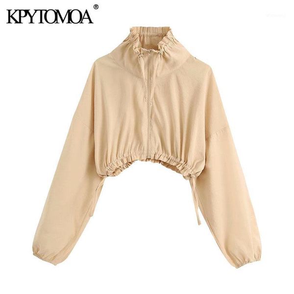 

kpytomoa women 2020 fashion with drawstrings cropped jacket coat vintage high collar long sleeve female outerwear chic 1, Black;brown