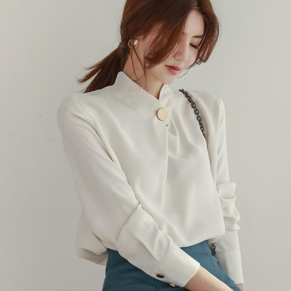 

women chiffon blouse stand collar long sleeve wear to work office lady shirt business women, White