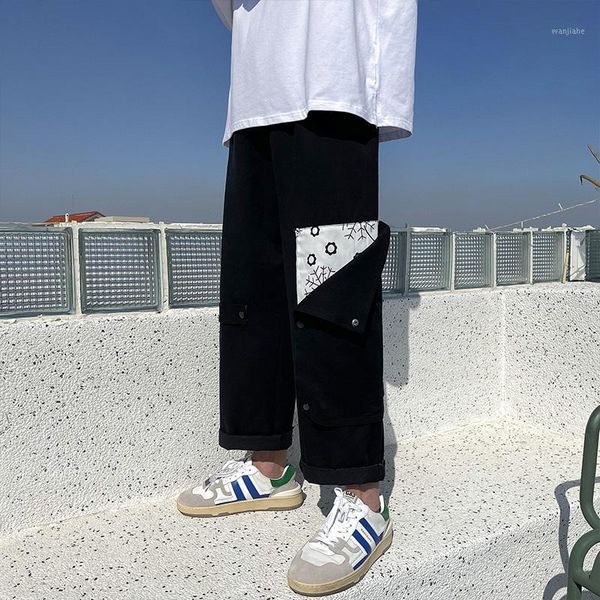 

men's cargo pants removable button decoration ankle-length pants casual vintage male clothing straight mid pant loose streetwear1, Black