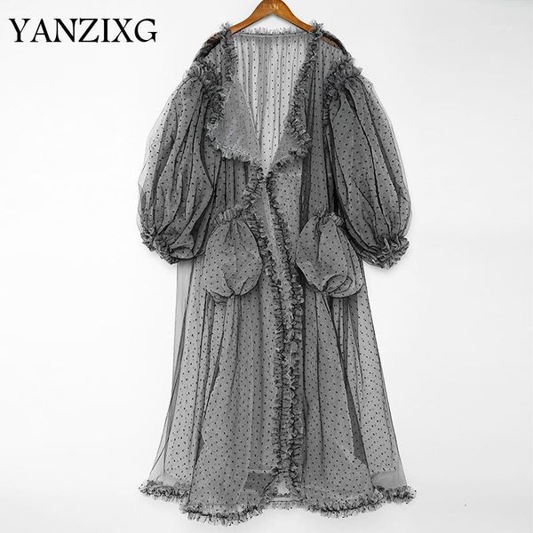 

2019 new summer v-collar long lantern sleeve white polka dots printed perspective big size long shirt women cardigan l2591, Tan;black