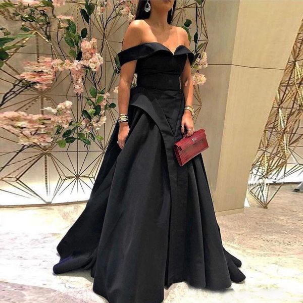 

2021 a-line black prom dresses with off shoulder v neck sleeveless floor length simple elegant party evening dress robe de soiree