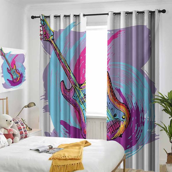 

thermal insulated room darkening window shade illustration of electric guitar artistic modern musical festive curtain