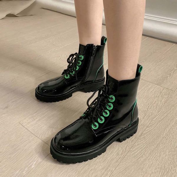 

esveva 2021 salto quadrado qualidade couro plutnio mulher sapatos dedo do p redondo tornozelo botas rendas acima zper moda senhoras, Black