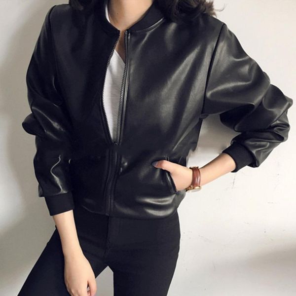 

#2657 black long sleeve faue leather jackets coats ladies plus size no hoodie pu jacket coat woman streetwear loose femme1, Black;brown