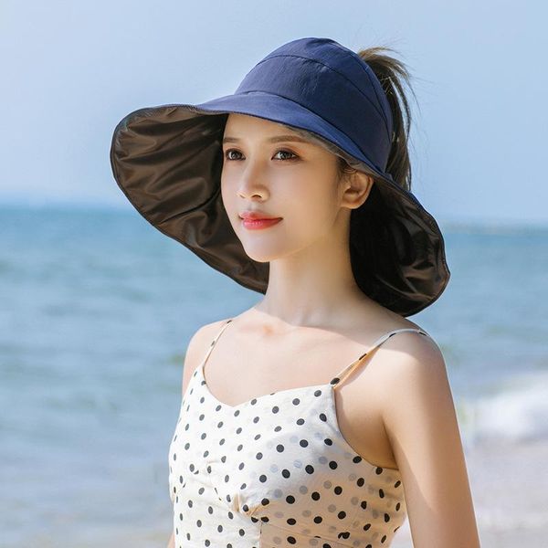 

fashion seaside sun visor hat female summer sun hats for women large brimmed straw hat folding beach girls, Blue;gray