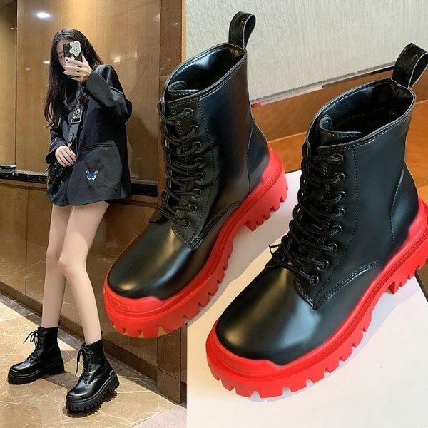 

fashion design women ankle boots thick sole short booties lace-up platform shoes woman boots rubber autumn botas mujer, Black