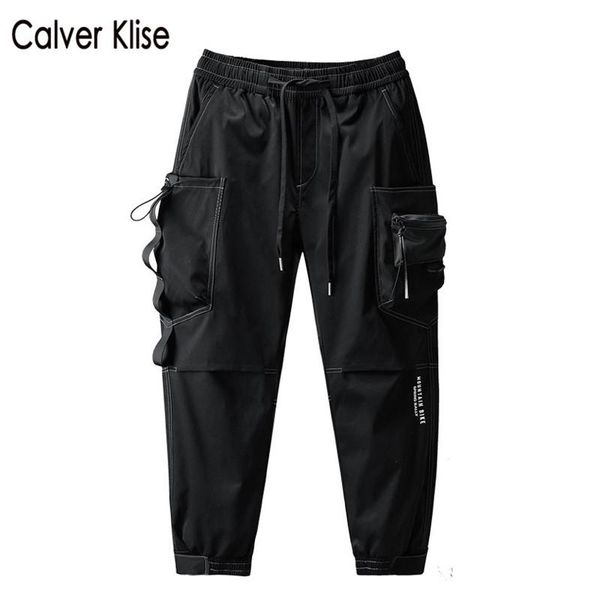 

calver klise zipper ribbon multi-pocket cargo pants harem joggers streetwear autumn winter casual trousers hip hop sweatpants, Black