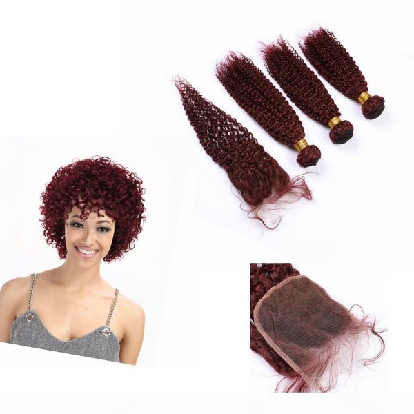 

indian #99j color remy curly hair bundles with closure 4" * 4" kinky curly weave indian hair human bundles with closure, Black;brown