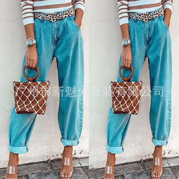 

fashionable and loose mid waist four season straight through women's jeans pants x344, Blue