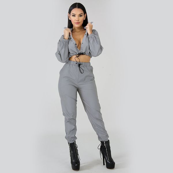 

streetwear reflective sweat suits women spring autumn turn down collar long sleeve buttons crop pants set women's jersey lj201126, White