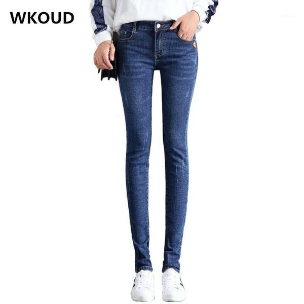 

wkoud korean skinny jeans for women 2019 spring jeans stretch scratched denim pencil pants casual regular jean trousers p88271, Blue