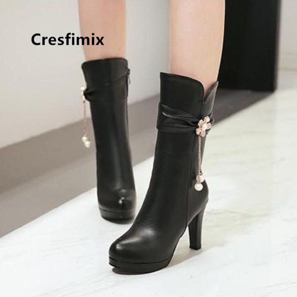 

boots cresfimix women cute black round toe long lady casual white autumn & winter high heel bottes femmes c6019